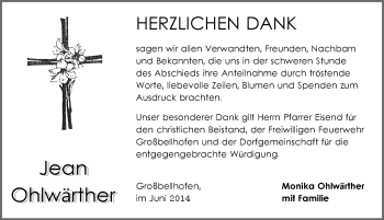 Traueranzeige von Jean Ohlwärther von Pegnitz-Zeitung
